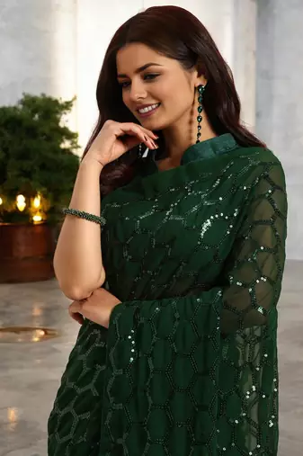 green georgette sequins saree with unstitched blouse piece