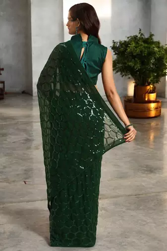 green georgette sequins saree with unstitched blouse piece