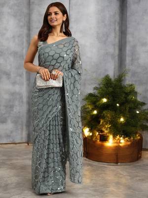 grey georgette sequins saree with unstitched blouse piece 1