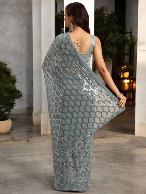 grey georgette sequins saree with unstitched blouse piece 3
