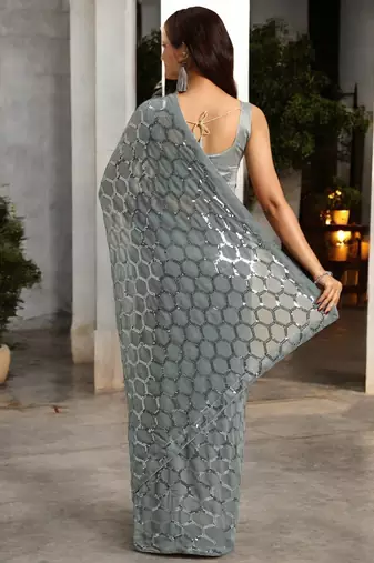 grey georgette sequins  saree with unstitched blouse piece