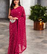 magenta georgette sequins saree with unstitched blouse piece