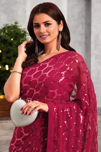magenta georgette sequins saree with unstitched blouse piece