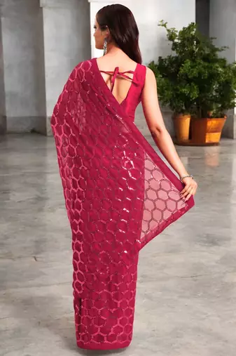 magenta georgette sequins saree with unstitched blouse piece