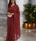 maroon georgette sequins saree with unstitched blouse piece