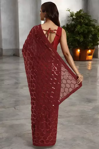 maroon georgette sequins saree with unstitched blouse piece