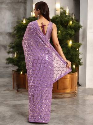 onion georgette sequins saree with unstitched blouse piece 3