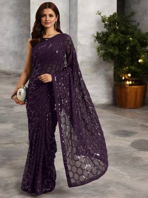 wine georgette sequins saree with unstitched blouse piece 1