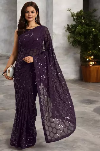 wine georgette sequins saree with unstitched blouse piece