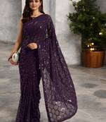 wine georgette sequins saree with unstitched blouse piece