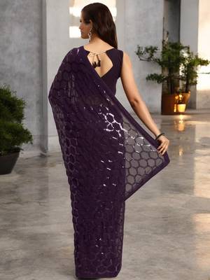 wine georgette sequins saree with unstitched blouse piece 3