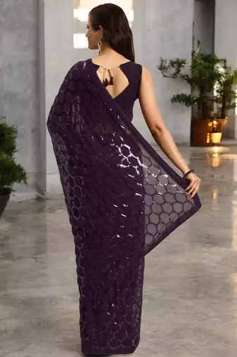 wine georgette sequins saree with unstitched blouse piece