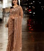 chiku georgette sequins work saree with unstitched blouse piece