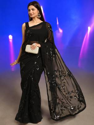 black georgette sequins work saree with unstitched blouse piece 1