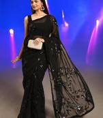 black georgette sequins work saree with unstitched blouse piece
