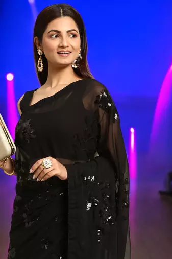 black georgette sequins work saree with unstitched blouse piece