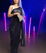 blue georgette sequins work saree with unstitched blouse piece