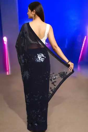blue georgette sequins work saree with unstitched blouse piece