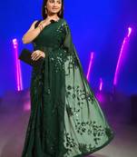 green georgette sequins work saree with unstitched blouse piece