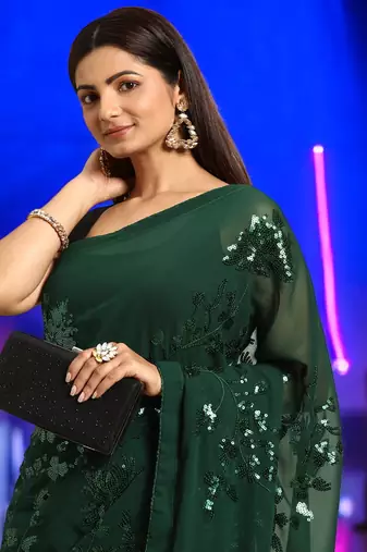 green georgette sequins work saree with unstitched blouse piece