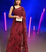 maroon georgette sequins work saree with unstitched blouse piece