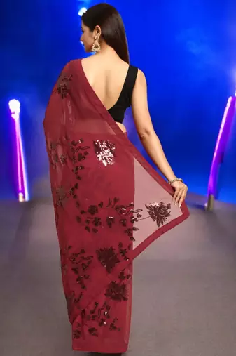 maroon georgette sequins work saree with unstitched blouse piece