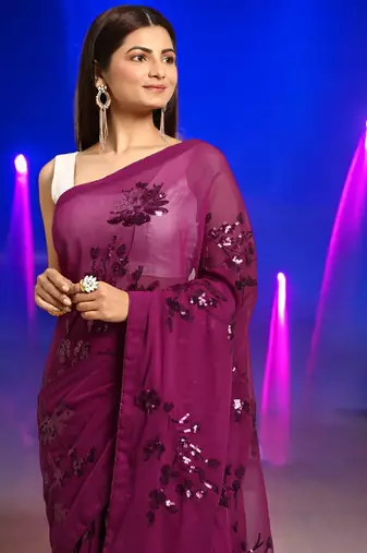 rani georgette sequins work saree with unstitched blouse piece