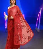 red georgette sequins work saree with unstitched blouse piece
