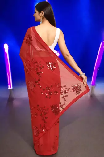red georgette sequins work saree with unstitched blouse piece