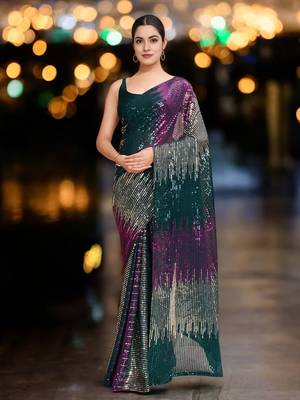 multi georgette sequins saree with unstitched blouse 1