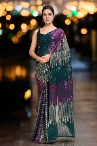 multi georgette sequins saree with unstitched blouse