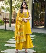 women's yellow viscose floral embroidered straight kurta with sharara & printed dupatta