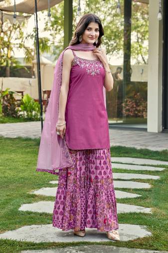 women's purple viscose floral embroidered straight kurta with gharara & printed dupatta