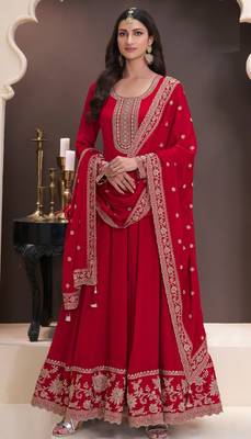 Red Embroidered silk anarkali suit 1