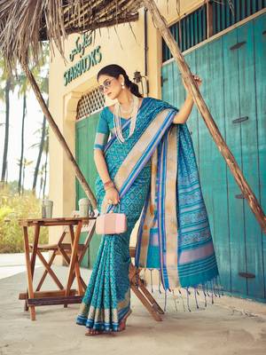 Sky Blue Elegant Cotton Blend Festive Wear Saree With Blouse 1