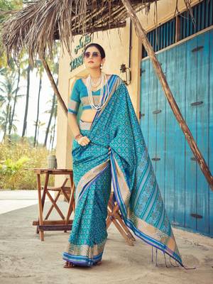 Sky Blue Elegant Cotton Blend Festive Wear Saree With Blouse 2