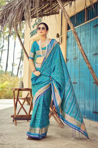 Sky Blue Elegant Cotton Blend Festive Wear Saree With Blouse