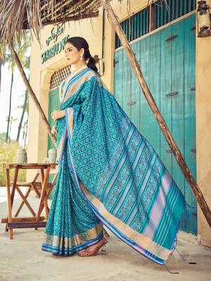 Sky Blue Elegant Cotton Blend Festive Wear Saree With Blouse 3