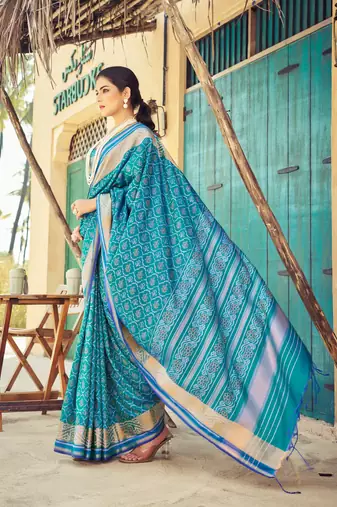 Sky Blue Elegant Cotton Blend Festive Wear Saree With Blouse