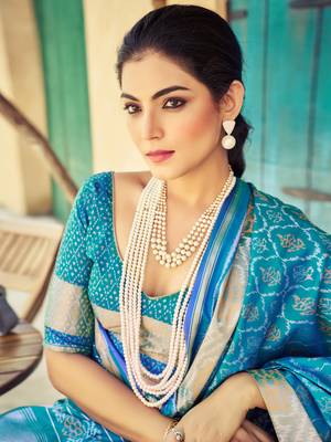Sky Blue Elegant Cotton Blend Festive Wear Saree With Blouse 4