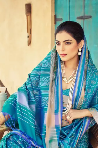 Sky Blue Elegant Cotton Blend Festive Wear Saree With Blouse