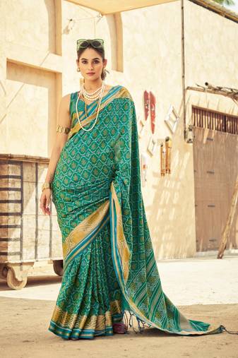 Green Elegant Cotton Blend Festive Wear Saree With Blouse