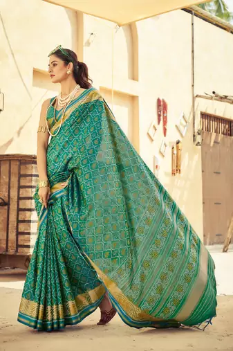 Green Elegant Cotton Blend Festive Wear Saree With Blouse