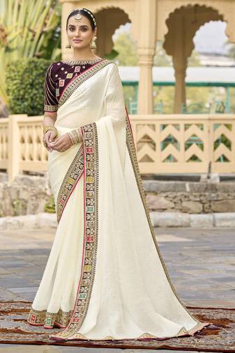 Off white georgette embroidered wedding wear saree