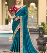 Aqua blue georgette embroidered wedding wear saree