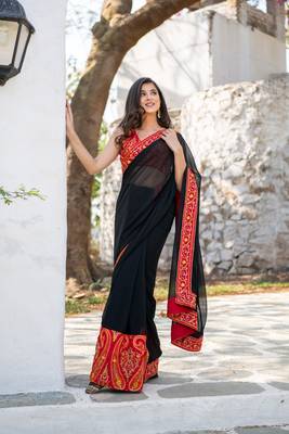 red and black thread work saree 1