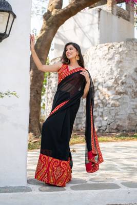 red and black thread work saree 4
