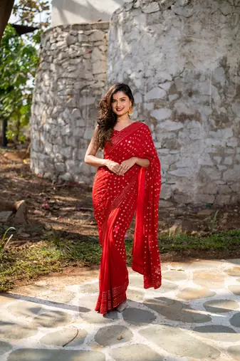red heavy sequin saree