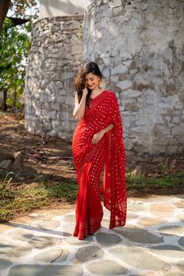red heavy sequin saree 4