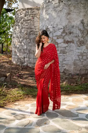 red heavy sequin saree